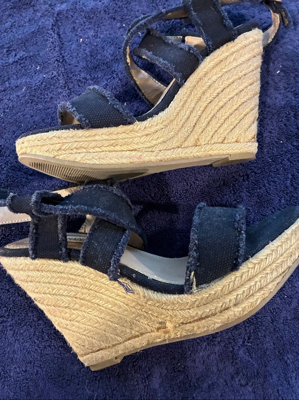 Steve Madden Navy Blue Frayed Strap Wedge Sandals